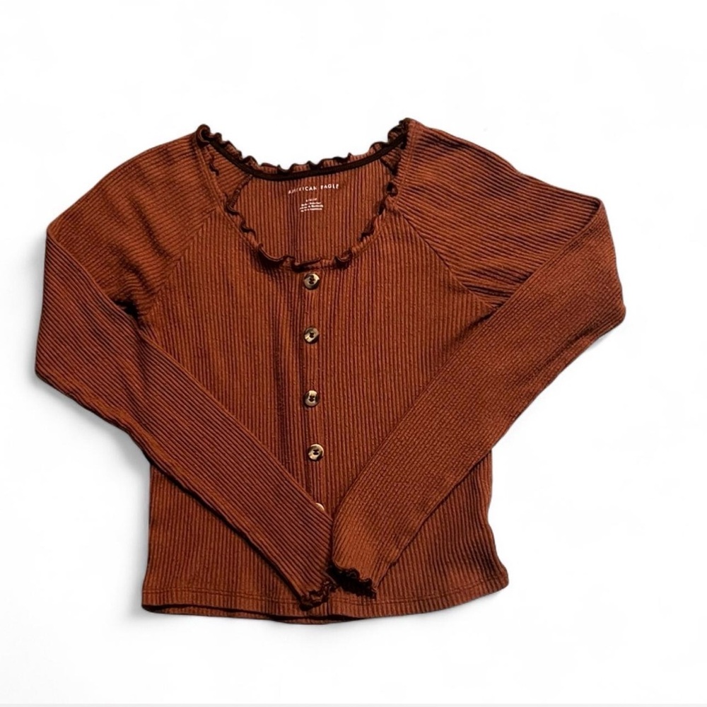 American Eagle Outfitters Brown Ribbed Button-Up Top
